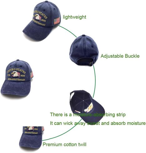 USA 250th Anniversary Vintage Hat, Patriotic Embroidered Cotton Adjustable Hat in Saudi Arabia