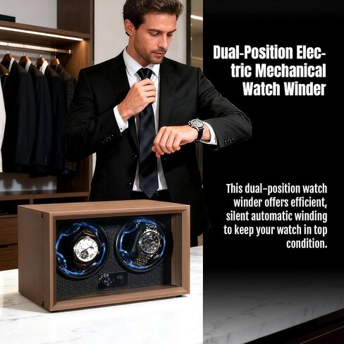 Mcbazel Dual Automatic Watch Winder with High-Elasticity Memory Foam Pillows, Ultra-Quiet Motor, Blue LED Light, 4 Rotation Modes, USB Powered Walnut Pattern Display Box for Watches in Kuwait