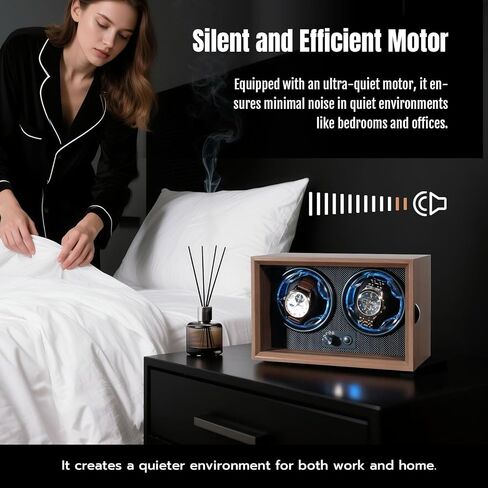 Mcbazel Dual Automatic Watch Winder with High-Elasticity Memory Foam Pillows, Ultra-Quiet Motor, Blue LED Light, 4 Rotation Modes, USB Powered Walnut Pattern Display Box for Watches in Kuwait