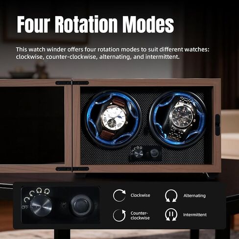 Mcbazel Dual Automatic Watch Winder with High-Elasticity Memory Foam Pillows, Ultra-Quiet Motor, Blue LED Light, 4 Rotation Modes, USB Powered Walnut Pattern Display Box for Watches in Kuwait