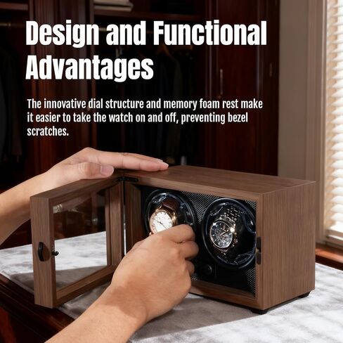 Mcbazel Dual Automatic Watch Winder with High-Elasticity Memory Foam Pillows, Ultra-Quiet Motor, Blue LED Light, 4 Rotation Modes, USB Powered Walnut Pattern Display Box for Watches in Kuwait