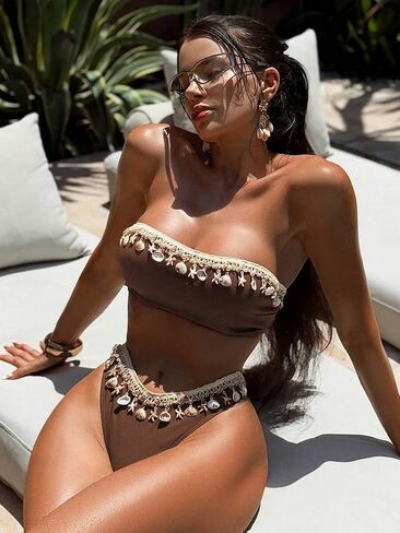 طقم بيكيني نسائي Springbreak، توب باندو، ظهر مجوف، أشرطة متقاطعة، نجم البحر الصدفي، نسيج مضلع in Kuwait