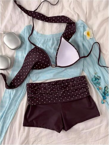 Verdusa Women's 2 Piece Polka Dots Halter Bikini Set Tie Backless Boyshorts Swimsuit Vacation Outfits in Kuwait
