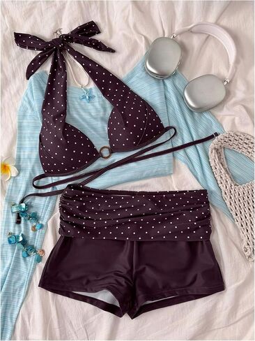 Verdusa Women's 2 Piece Polka Dots Halter Bikini Set Tie Backless Boyshorts Swimsuit Vacation Outfits in Kuwait