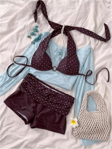 Verdusa Women's 2 Piece Polka Dots Halter Bikini Set Tie Backless Boyshorts Swimsuit Vacation Outfits in Kuwait