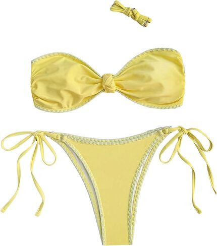SHENHE Women's Strapless Bikini Set 2 Piece Knotted Crochet Hem String Bikini Bandeau Swimsuits Swimming Suits in Kuwait