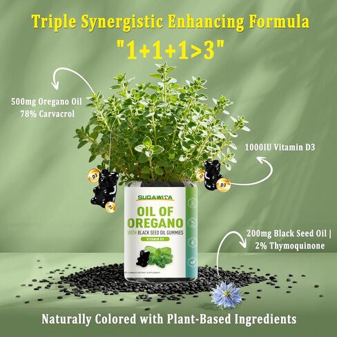 Oregano Oil Gummies, 3-in-1 Oil of Oregano with Black Seed Oil, Organic Oil of Oregano Chewable Supplements with Vitamin D3 - Immune & Digestive Support, 60 Count in Kuwait
