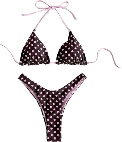 GORGLITTER Women's Polka Dots Swimsuits Thong Sexy Cheeky High Cut Halter Triangle Bikini Sets Bathing Suits in Kuwait