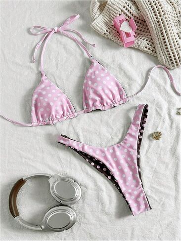 GORGLITTER Women's Polka Dots Swimsuits Thong Sexy Cheeky High Cut Halter Triangle Bikini Sets Bathing Suits in Kuwait