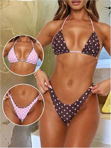 GORGLITTER Women's Polka Dots Swimsuits Thong Sexy Cheeky High Cut Halter Triangle Bikini Sets Bathing Suits in Kuwait
