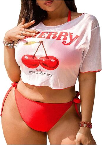 Floerns Women's Plus Size 3 Piece Bikini Sets Triangle Halter String Swimsuits with Cover Up Tops in Kuwait
