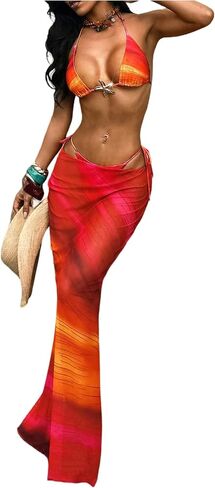 Floerns Women's Starfish Beach 3 Piece Bikini Sets Triangle Halter Bathing Suit with Cover Up Skirt in Kuwait