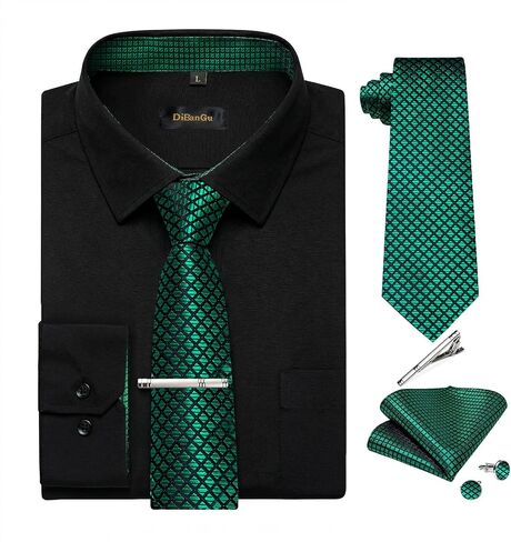 DiBanGu Mens Long Sleeve Dress Shirt and Tie Set Casual Botton Down Shirts for Men Solid Business Shirt with Matching Tie in Kuwait