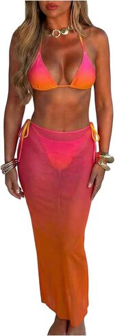 SOLY HUX Women's 3 Piece Swimsuit Ombre Halter Triangle Tie Side Sting Bikini Set Bathing Suit with Cover Up Skirt in Kuwait