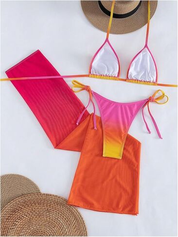 SOLY HUX Women's 3 Piece Swimsuit Ombre Halter Triangle Tie Side Sting Bikini Set Bathing Suit with Cover Up Skirt in Kuwait