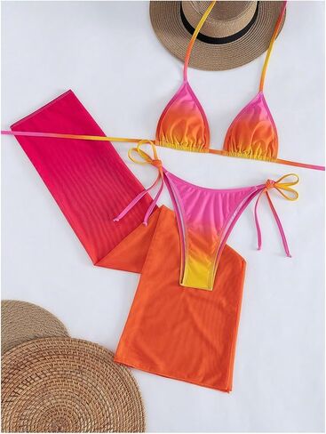 SOLY HUX Women's 3 Piece Swimsuit Ombre Halter Triangle Tie Side Sting Bikini Set Bathing Suit with Cover Up Skirt in Kuwait