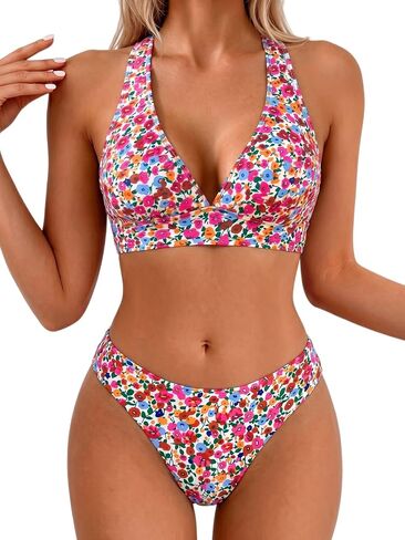 Fanuerg Bikini Sets for Women Halter V Neck Two Piece Swimsuits Mid Waist Crisscross Tie Back Bathing Suit in Saudi Arabia