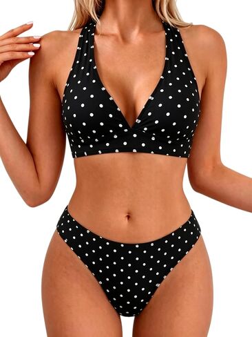 Fanuerg Bikini Sets for Women Halter V Neck Two Piece Swimsuits Mid Waist Crisscross Tie Back Bathing Suit in Saudi Arabia