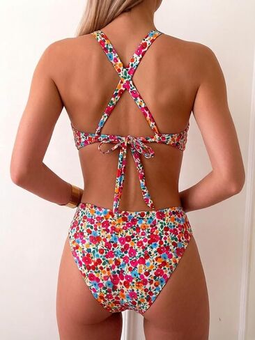 Fanuerg Bikini Sets for Women Halter V Neck Two Piece Swimsuits Mid Waist Crisscross Tie Back Bathing Suit in Saudi Arabia