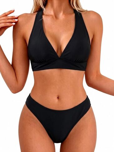 Fanuerg Bikini Sets for Women Halter V Neck Two Piece Swimsuits Mid Waist Crisscross Tie Back Bathing Suit in Saudi Arabia