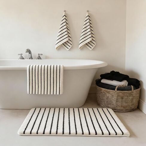 Whaline 4Pcs Black Beige Stripe Bathroom Rugs and Towels Non Slip Bath Mat Soft Absorbent Hand Towel for Home Bathroom Decoration in Kuwait