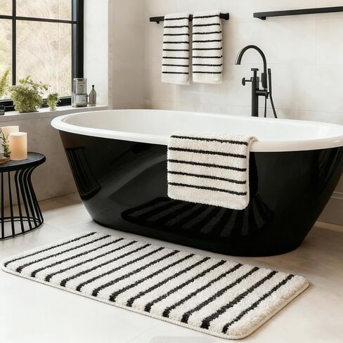 Whaline 4Pcs Black Beige Stripe Bathroom Rugs and Towels Non Slip Bath Mat Soft Absorbent Hand Towel for Home Bathroom Decoration in Kuwait