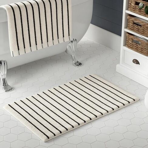 Whaline 4Pcs Black Beige Stripe Bathroom Rugs and Towels Non Slip Bath Mat Soft Absorbent Hand Towel for Home Bathroom Decoration in Kuwait