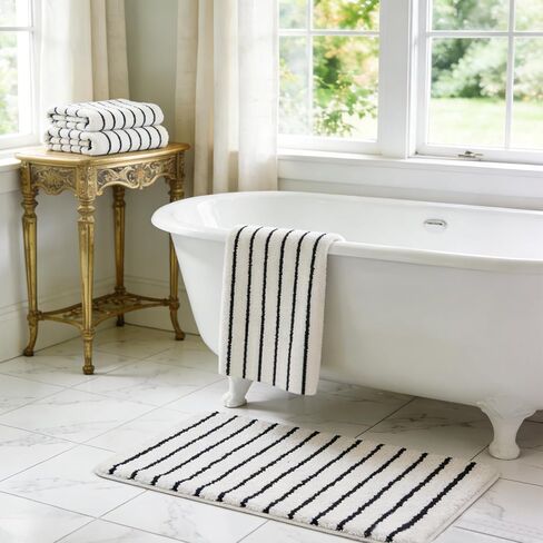 Whaline 4Pcs Black Beige Stripe Bathroom Rugs and Towels Non Slip Bath Mat Soft Absorbent Hand Towel for Home Bathroom Decoration in Kuwait