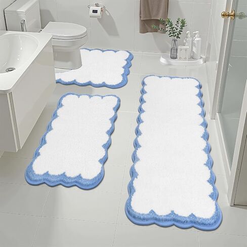 Pauwer Bathroom Rugs Set 3 Piece, Scalloped Non Slip Washable Bath Mat with U-Shaped Toilet Rug, Extra Absorbent Quick Dry Soft Plush Shower Mats for Floor Sink, White and Blue in Saudi Arabia