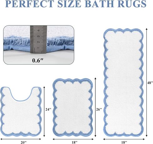 Pauwer Bathroom Rugs Set 3 Piece, Scalloped Non Slip Washable Bath Mat with U-Shaped Toilet Rug, Extra Absorbent Quick Dry Soft Plush Shower Mats for Floor Sink, White and Blue in Saudi Arabia