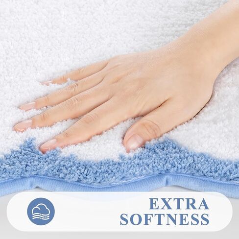 Pauwer Bathroom Rugs Set 3 Piece, Scalloped Non Slip Washable Bath Mat with U-Shaped Toilet Rug, Extra Absorbent Quick Dry Soft Plush Shower Mats for Floor Sink, White and Blue in Saudi Arabia