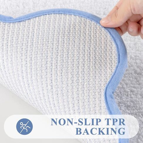 Pauwer Bathroom Rugs Set 3 Piece, Scalloped Non Slip Washable Bath Mat with U-Shaped Toilet Rug, Extra Absorbent Quick Dry Soft Plush Shower Mats for Floor Sink, White and Blue in Saudi Arabia