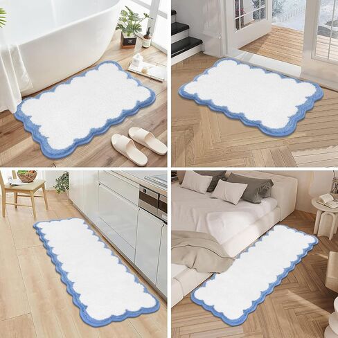 Pauwer Bathroom Rugs Set 3 Piece, Scalloped Non Slip Washable Bath Mat with U-Shaped Toilet Rug, Extra Absorbent Quick Dry Soft Plush Shower Mats for Floor Sink, White and Blue in Saudi Arabia