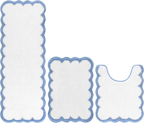 Pauwer Bathroom Rugs Set 3 Piece, Scalloped Non Slip Washable Bath Mat with U-Shaped Toilet Rug, Extra Absorbent Quick Dry Soft Plush Shower Mats for Floor Sink, White and Blue in Saudi Arabia