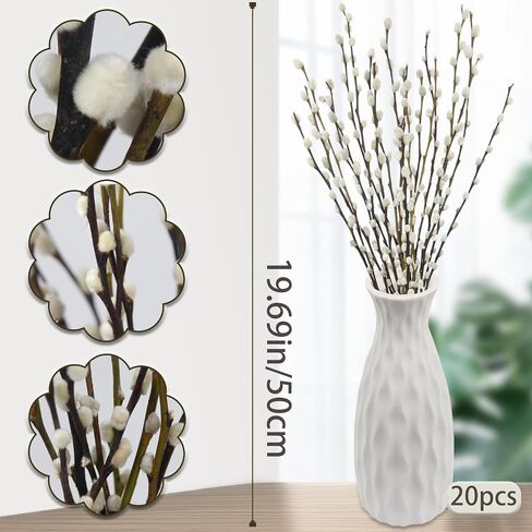 20 Pcs Natural Preserved Dried Flowers Real Pussy Willow Branches for Vases Tall Artificial Pussywillow Stems 19.7" White Snow Pussywillows for Home Decor Indoor Wedding Party Hotel Fireplace in Saudi Arabia