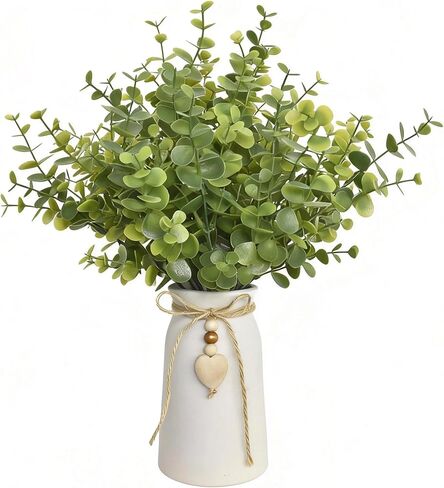 Artificial Eucalyptus Plant in White Ceramic Vase, 14" Tall Faux Eucalyptus Arrangement with Twine Bow & Wooden Heart Charm, Full Greenery for Home Decor, Table Centerpiece, Shelf & Office Decoration in Saudi Arabia