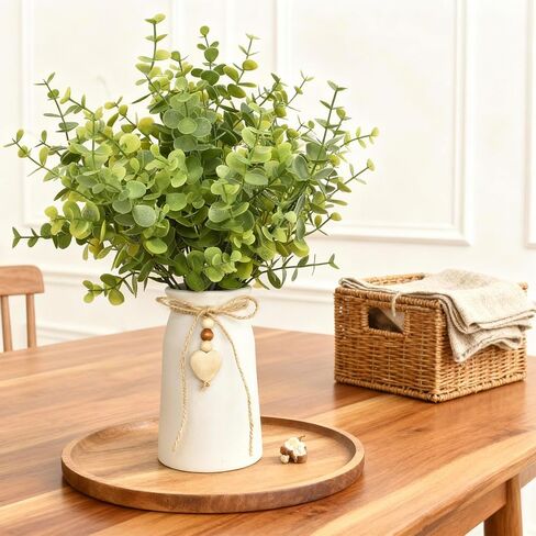Artificial Eucalyptus Plant in White Ceramic Vase, 14" Tall Faux Eucalyptus Arrangement with Twine Bow & Wooden Heart Charm, Full Greenery for Home Decor, Table Centerpiece, Shelf & Office Decoration in Saudi Arabia