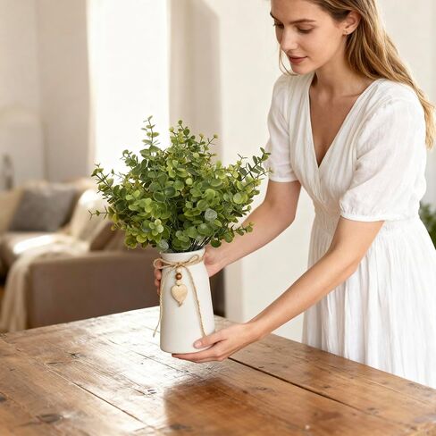 Artificial Eucalyptus Plant in White Ceramic Vase, 14" Tall Faux Eucalyptus Arrangement with Twine Bow & Wooden Heart Charm, Full Greenery for Home Decor, Table Centerpiece, Shelf & Office Decoration in Saudi Arabia