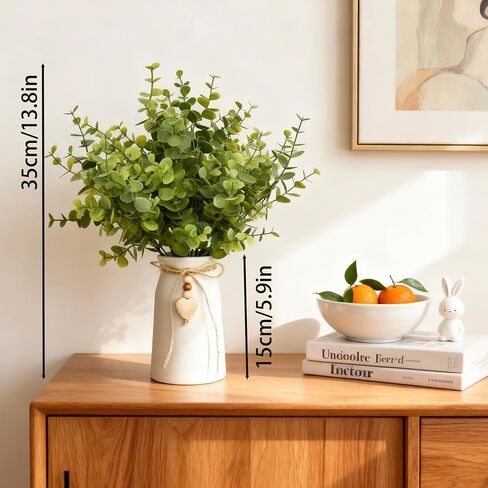 Artificial Eucalyptus Plant in White Ceramic Vase, 14" Tall Faux Eucalyptus Arrangement with Twine Bow & Wooden Heart Charm, Full Greenery for Home Decor, Table Centerpiece, Shelf & Office Decoration in Saudi Arabia