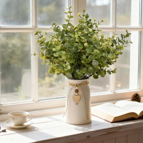 Artificial Eucalyptus Plant in White Ceramic Vase, 14" Tall Faux Eucalyptus Arrangement with Twine Bow & Wooden Heart Charm, Full Greenery for Home Decor, Table Centerpiece, Shelf & Office Decoration in Saudi Arabia