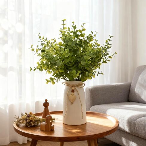 Artificial Eucalyptus Plant in White Ceramic Vase, 14" Tall Faux Eucalyptus Arrangement with Twine Bow & Wooden Heart Charm, Full Greenery for Home Decor, Table Centerpiece, Shelf & Office Decoration in Saudi Arabia