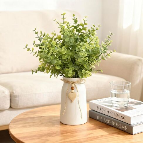 Artificial Eucalyptus Plant in White Ceramic Vase, 14" Tall Faux Eucalyptus Arrangement with Twine Bow & Wooden Heart Charm, Full Greenery for Home Decor, Table Centerpiece, Shelf & Office Decoration in Saudi Arabia