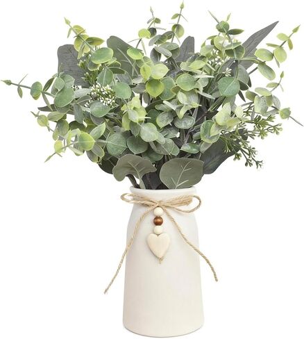 Artificial Eucalyptus Plant in White Ceramic Vase, 14" Tall Faux Eucalyptus Arrangement with Twine Bow & Wooden Heart Charm, Full Greenery for Home Decor, Table Centerpiece, Shelf & Office Decoration in Saudi Arabia