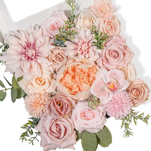 TINGE TIME Rose Artificial Flowers Combo, Blush Pink Flowers Fake Foam Peony Dahlia with Stems for DIY Wedding Bouquets Baby Shower Party Table Centerpieces Home Decorations in Saudi Arabia