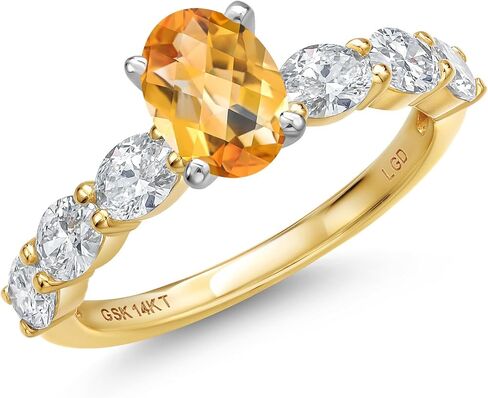Gem Stone King 14K 2 Tone Gold Yellow Citrine and Lab Grown Diamond Engagement Ring For Women | 1.63 Cttw | Oval Checkerboard 7X5MM | Gemstone Birthstone | Available In Size 5, 6, 7, 8, 9 in Kuwait