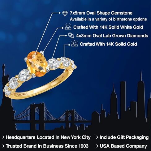 Gem Stone King 14K 2 Tone Gold Yellow Citrine and Lab Grown Diamond Engagement Ring For Women | 1.63 Cttw | Oval Checkerboard 7X5MM | Gemstone Birthstone | Available In Size 5, 6, 7, 8, 9 in Kuwait