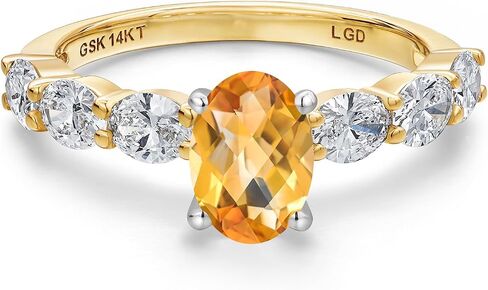Gem Stone King 14K 2 Tone Gold Yellow Citrine and Lab Grown Diamond Engagement Ring For Women | 1.63 Cttw | Oval Checkerboard 7X5MM | Gemstone Birthstone | Available In Size 5, 6, 7, 8, 9 in Kuwait