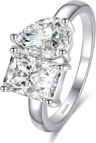 Yaresul Toi Et Moi Ring 925 Sterling Silver Women Engagement Ring White Gold Plated 1.5ct 6x8mm Double Stone Ring Emerald & Pear Cut Cubic Zirconia Wedding Band Width Band 2mm Size 6 in Saudi Arabia