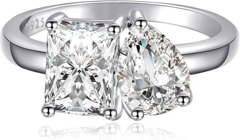 Yaresul Toi Et Moi Ring 925 Sterling Silver Women Engagement Ring White Gold Plated 1.5ct 6x8mm Double Stone Ring Emerald & Pear Cut Cubic Zirconia Wedding Band Width Band 2mm Size 6 in Saudi Arabia