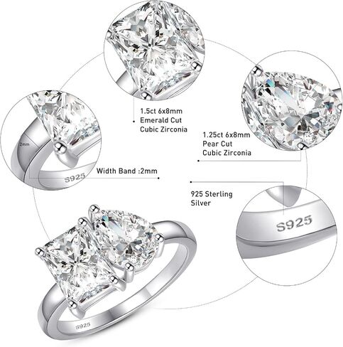 Yaresul Toi Et Moi Ring 925 Sterling Silver Women Engagement Ring White Gold Plated 1.5ct 6x8mm Double Stone Ring Emerald & Pear Cut Cubic Zirconia Wedding Band Width Band 2mm Size 6 in Saudi Arabia